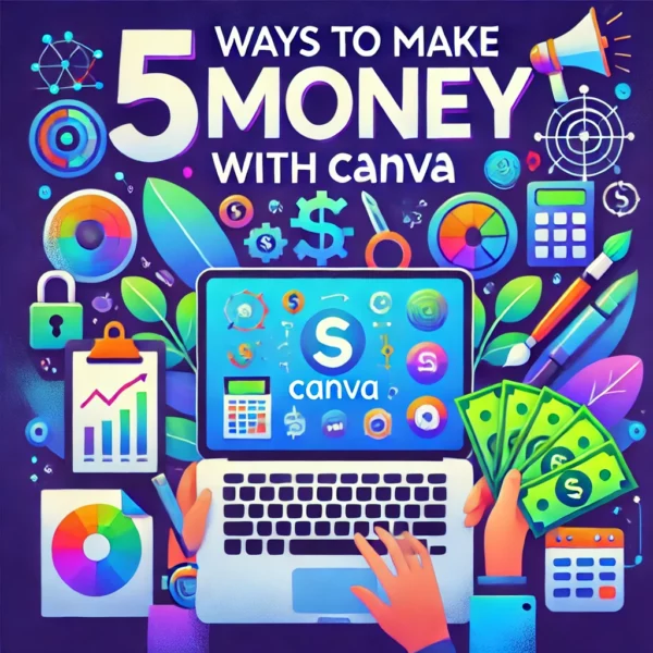 5 Ways To Make Money With Canva'. The image should feature icons or visuals related to design, income, a