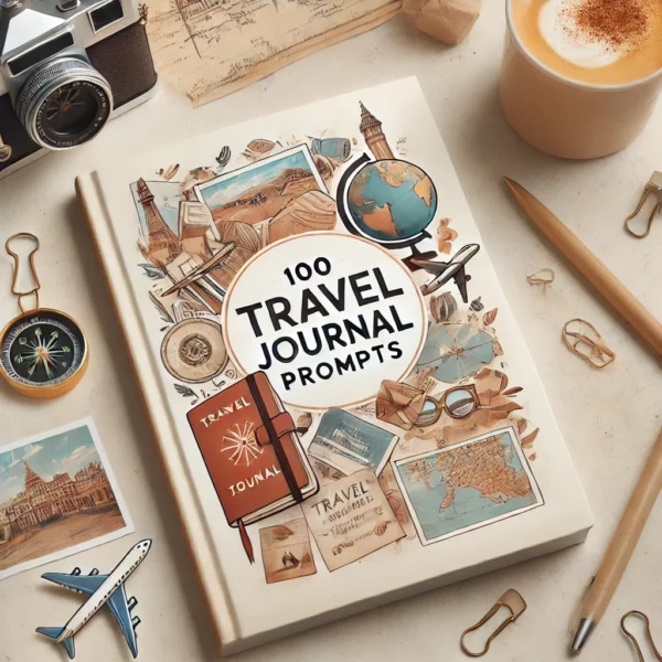 100 Travel Journal Prompts.' The cover should feature elements of travel such as a journal, a map, a