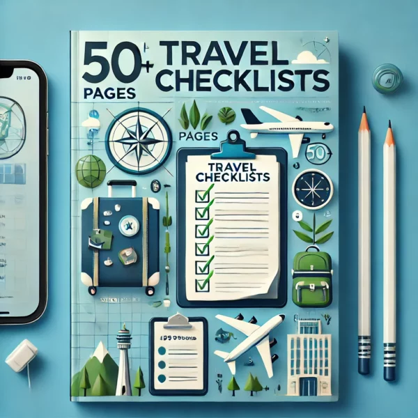 Travel Checklists.' The design should feature travel-themed elements like luggage, airplanes, a m