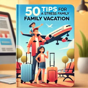 50 Tips for a Stress-Free Family Vacation,' showing a cheerful family at an airport, with luggage and travel essentials