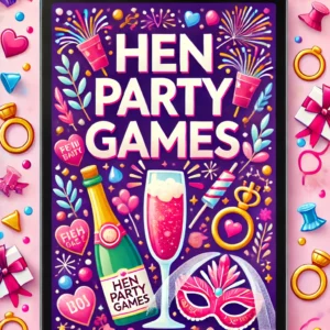 Hen Party Games,' featuring festive elements like champagne glasses, confetti, and wedding-related i