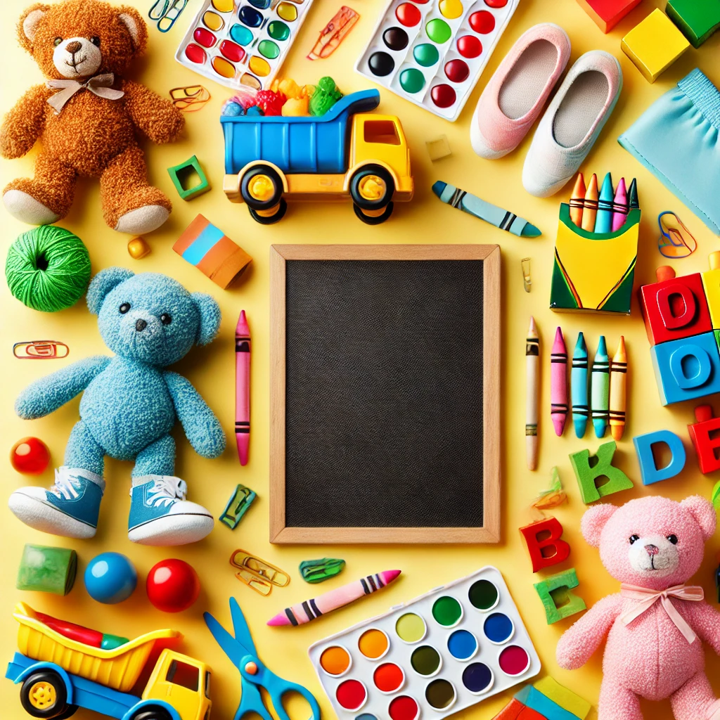 Kids' category. The scene includes children's toys like building blocks, stuffed animals, colorfu