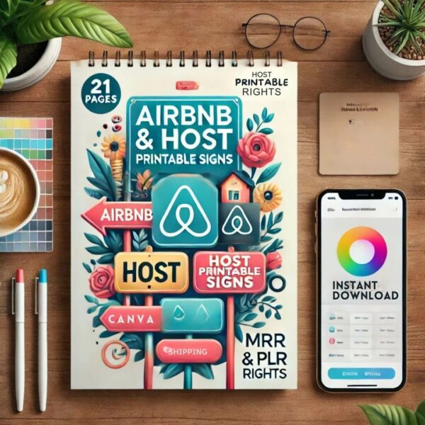 A vibrant and professional digital product image representing 'Airbnb & Host Printable Signs'. The product has 21 pages, is editable with Canva