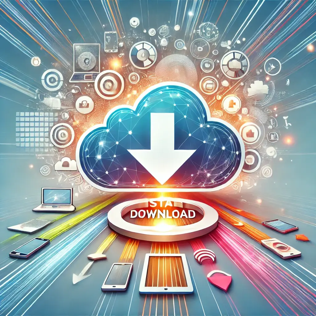 An image representing 'Instant Download' with a large cloud symbol and a downward arrow, surrounded by devices like smartphones, tablets, and computer