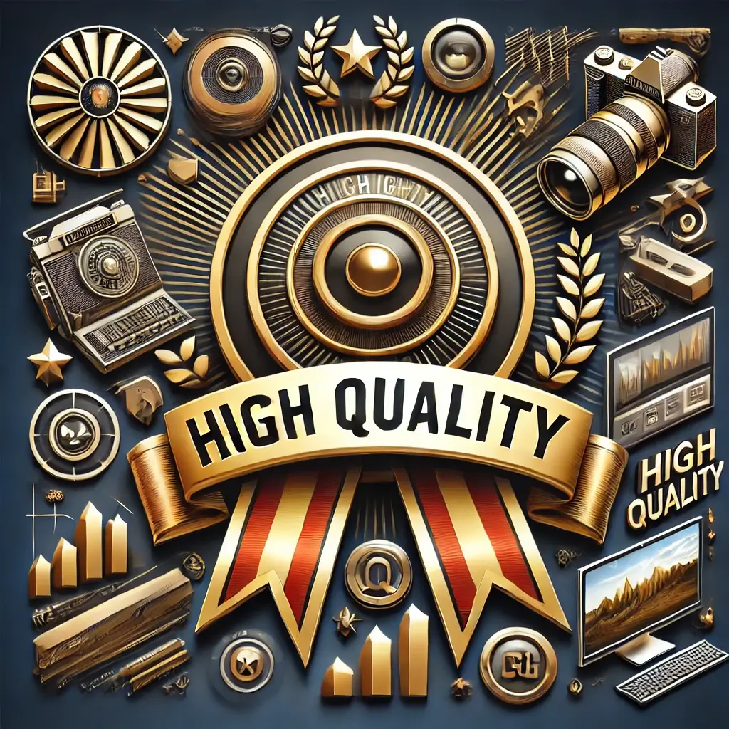 An image representing 'High Quality' with a focus on excellence and precision. The design includes an emblem of quality, such as a ribbon or medal, al