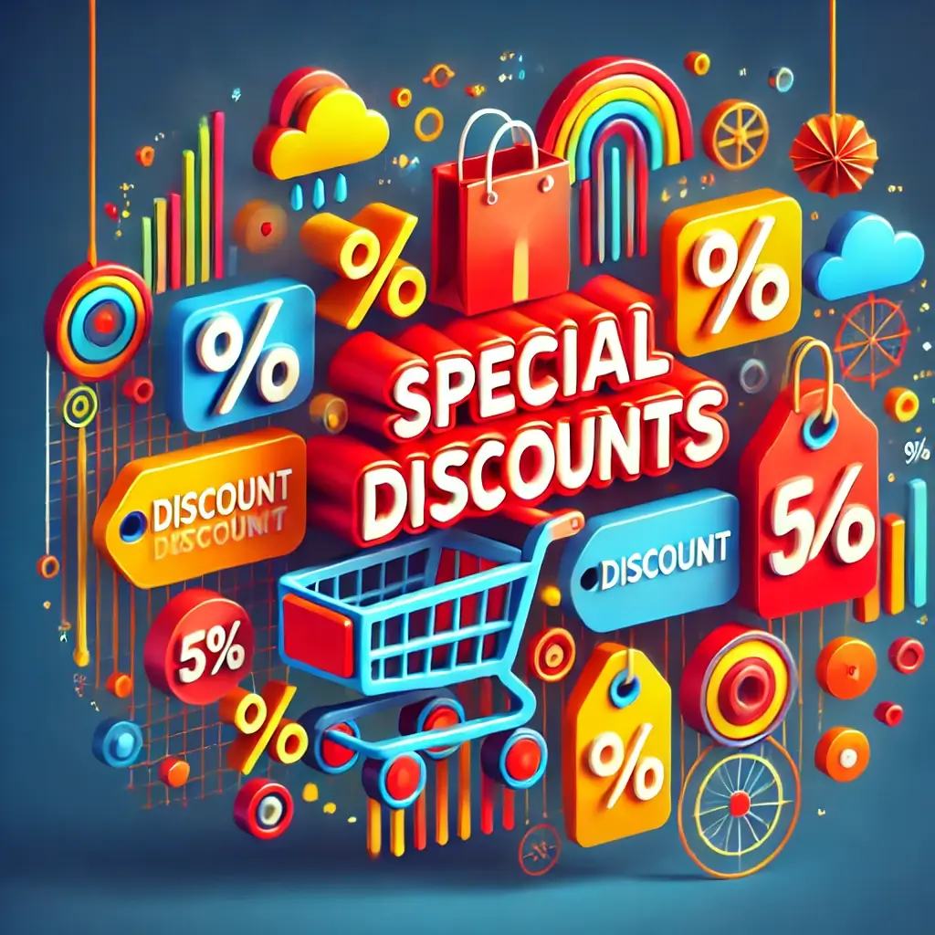 A vibrant and eye-catching image representing 'Special Discounts'. The scene includes discount percentage icons, price tags, and shopping carts. The d