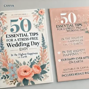 A beautiful and elegant digital poster for '50 Essential Tips for a Stress-Free Wedding Day.' The design features soft pastel colors, a romantic theme