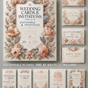 A beautiful and elegant digital poster showcasing 'Wedding Cards & Invitations' templates, featuring a variety of 20+ card designs like invitations,