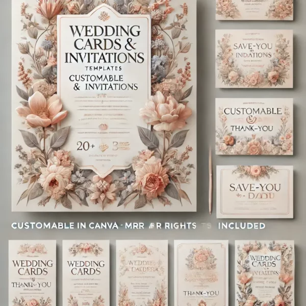 A beautiful and elegant digital poster showcasing 'Wedding Cards & Invitations' templates, featuring a variety of 20+ card designs like invitations,