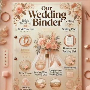 A beautifully designed digital poster for 'Our Wedding Binder,' featuring elegant wedding-themed visuals like rings, flowers, and a planner. The desig