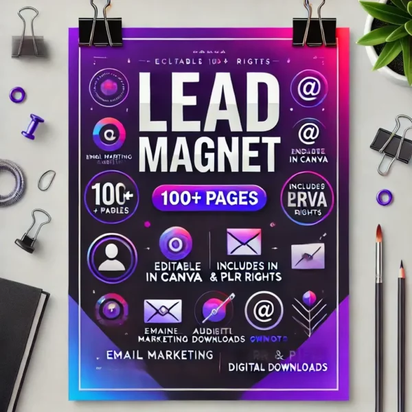 A bold and modern poster-style design for 'Lead Magnet,' featuring vibrant gradients in purple, blue, and white. The layout highlights key phrases like