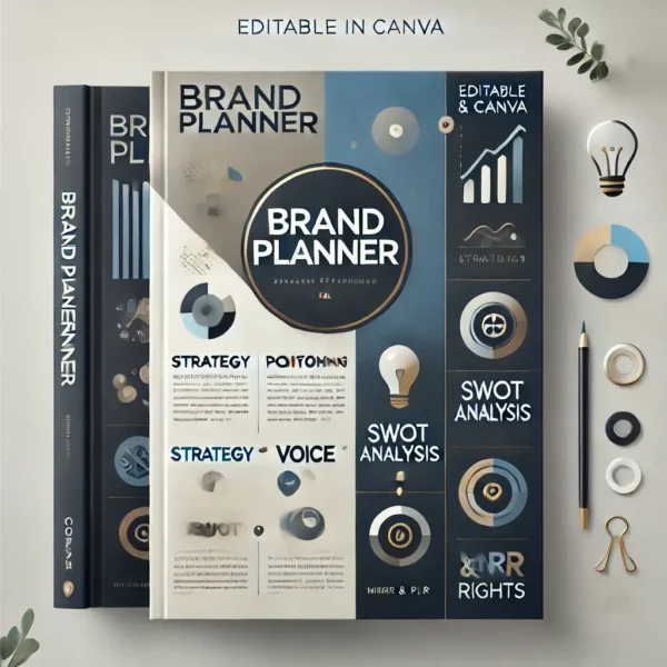 A clean and modern eBook cover for 'Brand Planner.' The design features bold typography with sections like 'Strategy,' 'Voice,' 'Positioning,' and 'SW