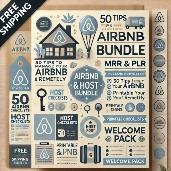 A clean and professional digital poster for the 'Airbnb & Host Bundle MRR & PLR'. The design showcases icons representing short-term rentals, hosting,