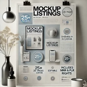 A clean and professional poster-style design for 'Mockup Listings,' featuring sleek visuals with product display mock-ups on a white background with a