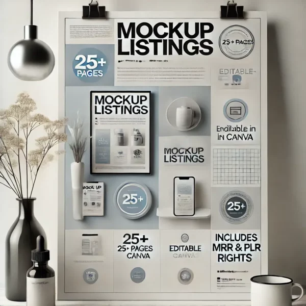 A clean and professional poster-style design for 'Mockup Listings,' featuring sleek visuals with product display mock-ups on a white background with a