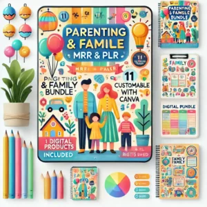 A colorful and inviting digital poster design for the 'Parenting & Family Bundle MRR & PLR'. The poster showcases a cheerful family-oriented theme wit (1)