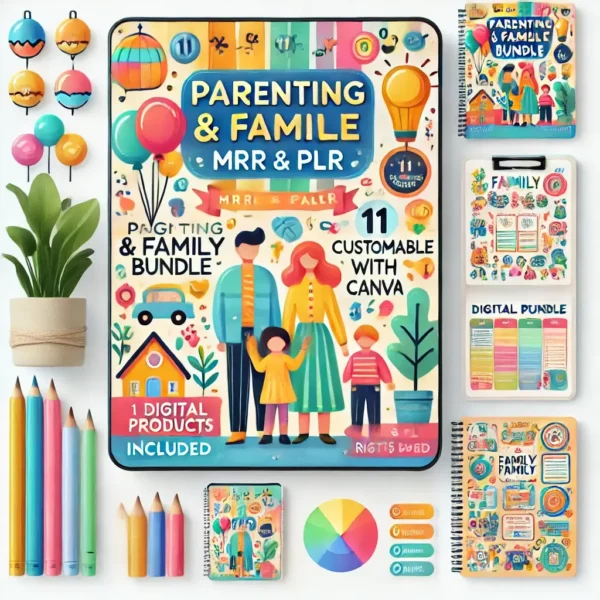 A colorful and inviting digital poster design for the 'Parenting & Family Bundle MRR & PLR'. The poster showcases a cheerful family-oriented theme wit (1)