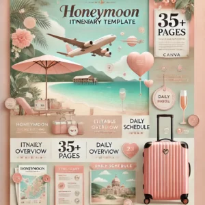 A luxurious and romantic digital poster-style design for a 'Honeymoon Itinerary Template'. The poster features elegant elements like a scenic tropical