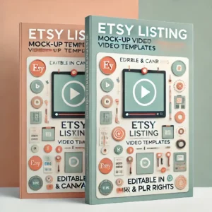 A modern and professional digital eBook cover for 'Etsy Listing Mock-up Video Templates.' The design features clean, minimalist visuals with icons of