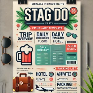 A modern and vibrant digital poster-style design for a 'Stag Do' itinerary template. The poster should feature clean, sleek elements that appeal to a