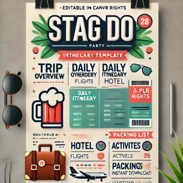 A modern and vibrant digital poster-style design for a 'Stag Do' itinerary template. The poster should feature clean, sleek elements that appeal to a