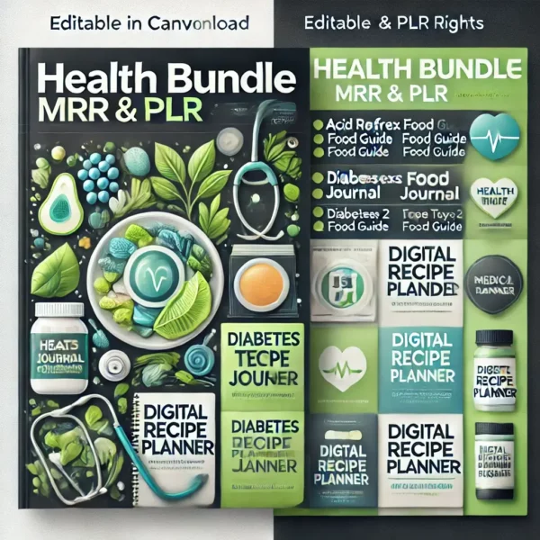 A professional and clean digital poster showcasing the 'Health Bundle MRR & PLR'. The poster includes a sleek design with vibrant yet soothing colors (1)