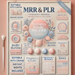 A serene and inviting digital poster showcasing the 'Pregnancy Bundle MRR & PLR,' featuring soft pastel tones with baby and parent-related icons. High (1)