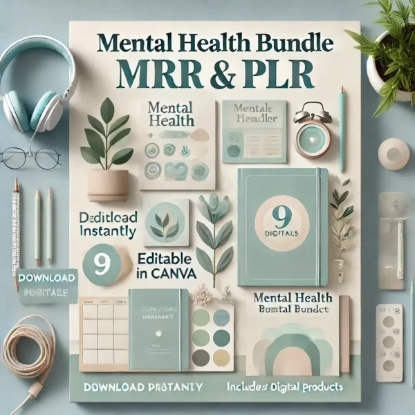 A serene and professional digital poster design for 'Mental Health Bundle MRR & PLR.' The poster features soft, calming colors such as light blue and (1)