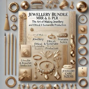 A sleek and elegant digital poster showcasing the 'Jewellery Bundle MRR & PLR'. The design features luxury-themed visuals like golden and silver jewel (1)