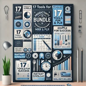 A sleek and modern digital poster design for the 'Productivity Bundle MRR & PLR'. The poster should feature vibrant yet professional colors like blue, (1)