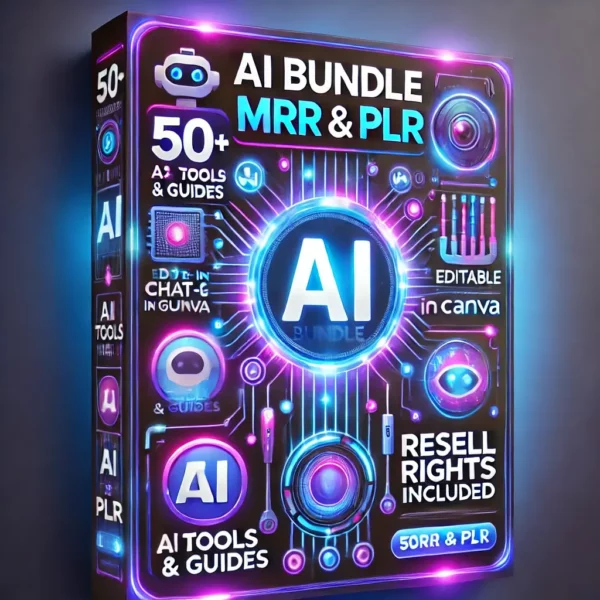 A sleek and modern digital poster for the 'AI Bundle MRR & PLR' product. The poster showcases a vibrant AI theme with futuristic elements, including