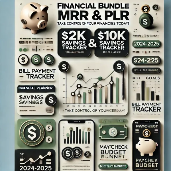 A sleek and professional digital poster for the 'Financial Bundle MRR & PLR.' The design should include visually appealing icons such as dollar signs, (1)