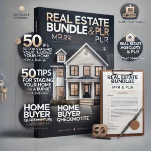 A sleek and professional digital poster for the 'Real Estate Bundle MRR & PLR,' featuring a modern, clean layout. Highlight the bundle's inclusions_ ' (1)