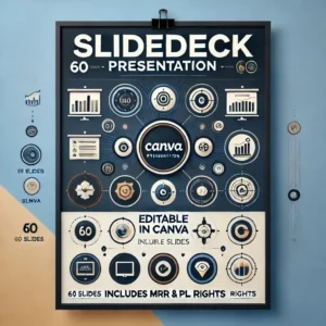 A sleek and professional poster-style design for 'Slidedeck Presentation,' featuring 60 slides as visual mockups on a gradient background of blue