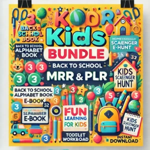 A vibrant and cheerful digital poster showcasing the 'Kids Bundle MRR & PLR.' The design features colorful and playful elements like alphabet letters, (1)