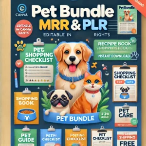 A vibrant and engaging digital poster for the 'Pet Bundle MRR & PLR.' The poster showcases an inviting design featuring happy pets such as a dog and a (1)