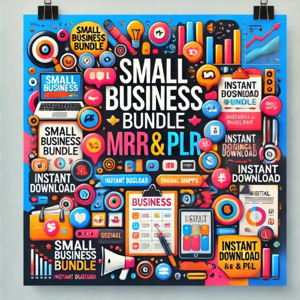 A vibrant and engaging digital poster for the 'Small Business Bundle MRR & PLR.' The design features bright, bold colors, professional typography, and