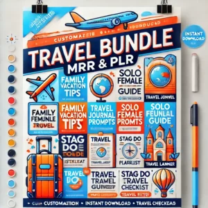 A vibrant and modern digital poster design for the 'Travel Bundle MRR & PLR.' The poster includes visually engaging icons such as a suitcase, airplane (1)