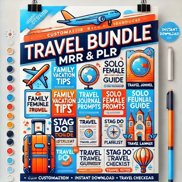 A vibrant and modern digital poster design for the 'Travel Bundle MRR & PLR.' The poster includes visually engaging icons such as a suitcase, airplane (1)