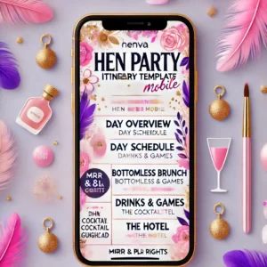 A vibrant and modern digital poster for 'Hen Party Itinerary Template Mobile.' The design should include a mockup of a smartphone displaying an elegan