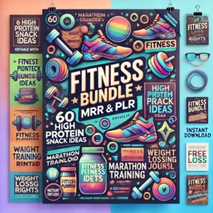 A vibrant and modern digital poster showcasing the 'Fitness Bundle MRR & PLR'. The design features icons and imagery related to fitness, such as dumbb (1)