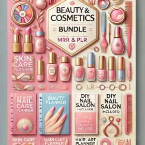 A vibrant and professional digital poster-style design for the 'Beauty & Cosmetics Bundle MRR & PLR'. The poster features soft pastel colors like pink (1)