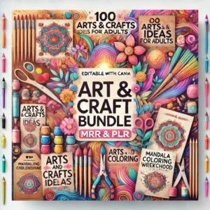 A vibrant and visually engaging digital poster for the 'Art & Craft Bundle MRR & PLR.' The poster features elements such as colorful arts and crafts