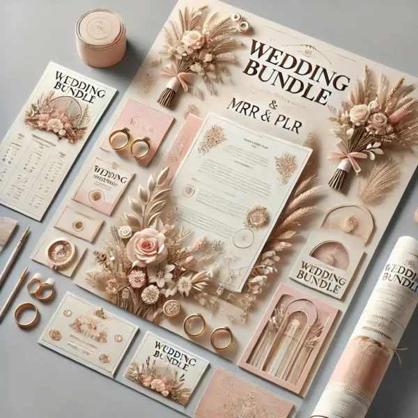 A visually stunning and elegant digital poster for the 'Wedding Bundle MRR & PLR'. The design features soft pastel colors like blush pink and ivory, w (1)