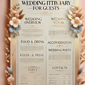 An elegant and luxurious digital poster design for 'Wedding Itinerary For Guests.' The poster features soft pastel colors, with gold and white accents