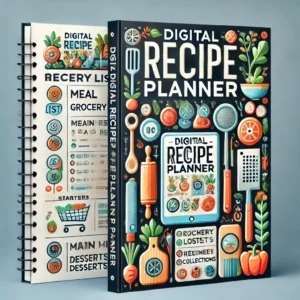 digital recipe planner cover with the title 'Digital Recipe Planner'. The cover should feature elements of a modern kitchen, such as a cutting board