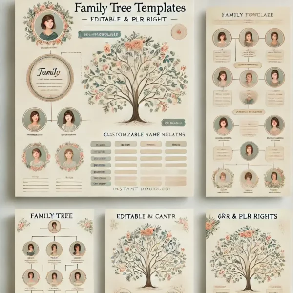 image of Family Tree Templates with soft, neutral colors, showing a few sample tree layouts in an elegant style.