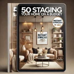 A modern and elegant digital ebook cover for '50 Tips for Staging Your Home on a Budget'. The cover features a cozy and stylish living room with neutr